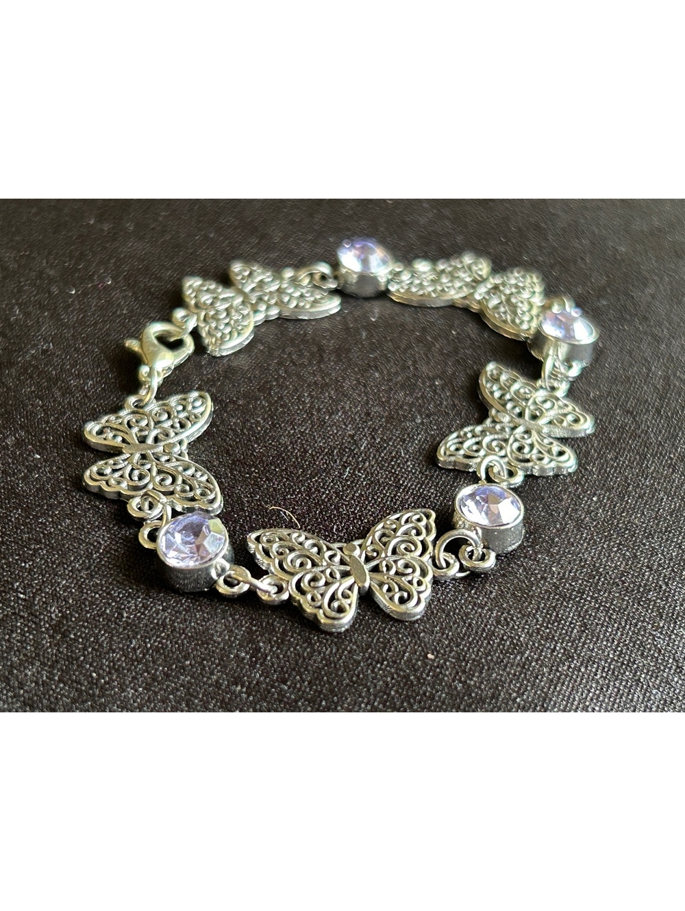 Silver Tone Butterfly Charm Bracelet with Clear Rhinestones